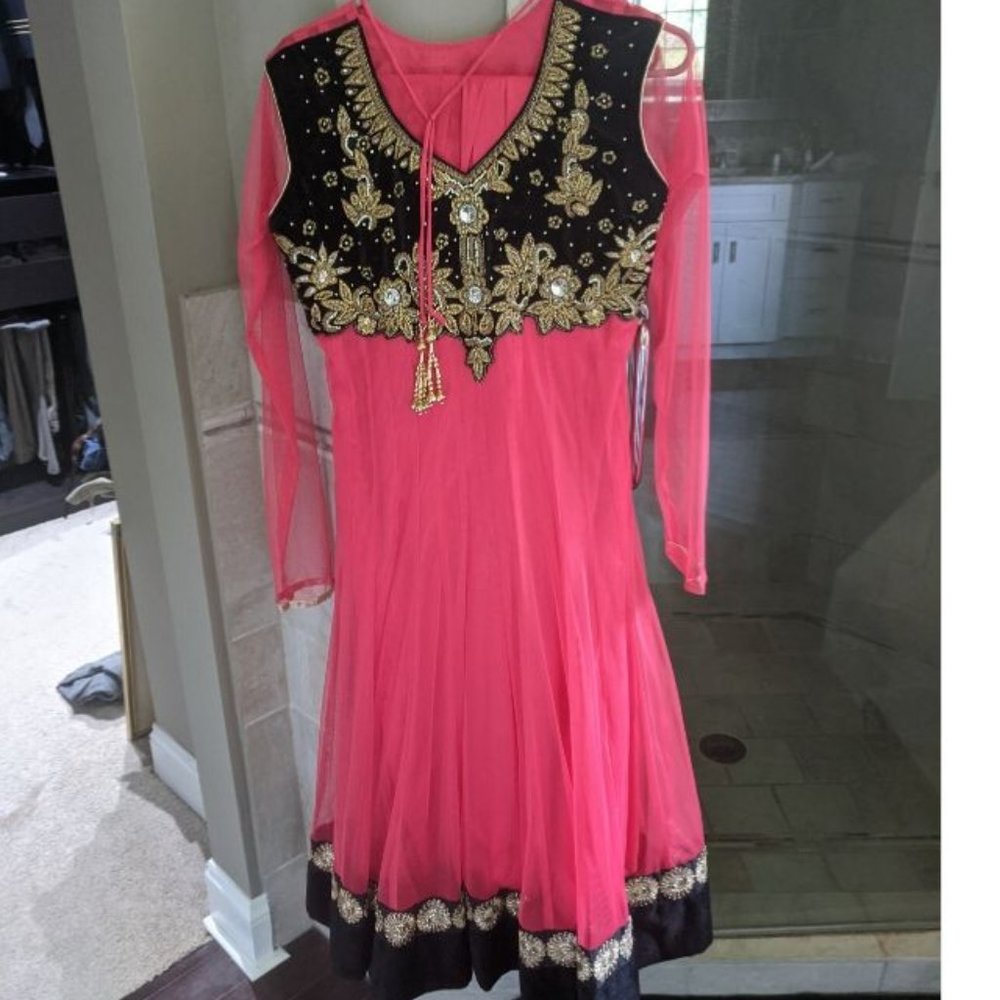 Shalwar Kameez Gold and Red Gorgeous Long Dress